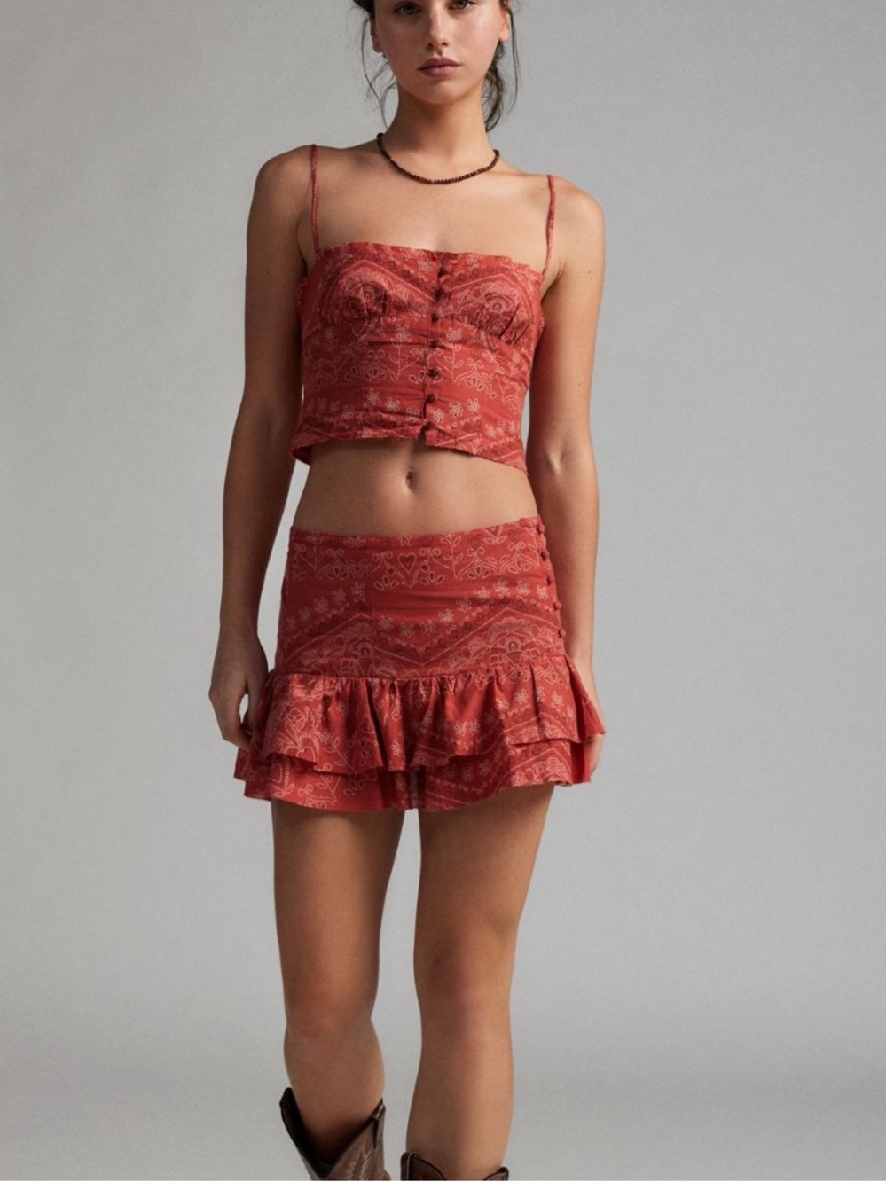 Kimchi Blue Rust Red Paisley Tiered Mini Skirt